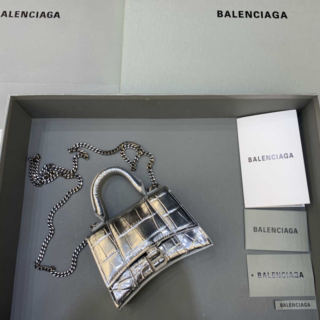 Balenciaga Hourglass Mini Handbag With Chain Crocodile Embossed Shoulder Bag Silver